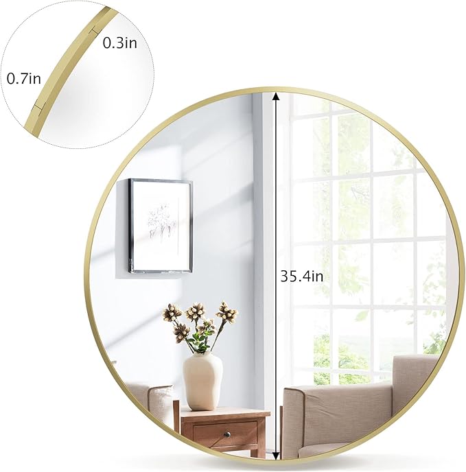 VooBang Round Mirror 36" Gold Wall Mounted Circle Mirrors Vanity Mirror with Aluminum Alloy Frame Modern Decoration for Bathroom, Living Room, Vanity, Bedroom, Entryway