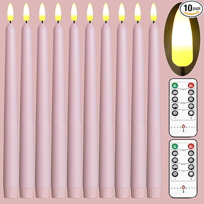 10 Pack Pink Flameless WAX Coverd 11'' Taper Candles with 2 Remote, LED Battery Operated Flickering Bright candle for proposal, wedding, festive, Family dinner, birthday party, or home decor