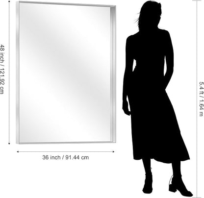 CIRCUMI Silver Bathroom Mirror, 36"x48" Rectangular Mirror with Deep Metal Frame, Brushed Finish, Tempered Glass, Large Mirror for Wall, Over 2 Sinks, Installed Vertically/Horizontally, Crystal-Clear