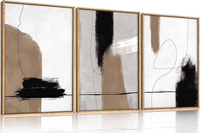 KAIRNE Abstract Neutral Framed Canvas Wall Art Set,Abstract Black Brown Wall Decor,Modern Color Blocks Art Prints,Minimalist Brush Strokes Artwork for Living Room,Bedroom,Farmhouse,Office-16 x24 x3