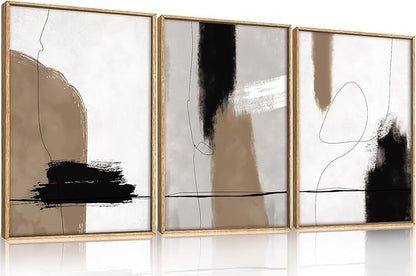 KAIRNE Abstract Neutral Framed Canvas Wall Art Set,Abstract Black Brown Wall Decor,Modern Color Blocks Art Prints,Minimalist Brush Strokes Artwork for Living Room,Bedroom,Farmhouse,Office-16 x24 x3