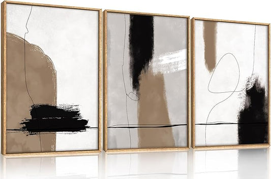 KAIRNE Abstract Neutral Framed Canvas Wall Art Set,Abstract Black Brown Wall Decor,Modern Color Blocks Art Prints,Minimalist Brush Strokes Artwork for Living Room,Bedroom,Farmhouse,Office-16 x24 x3