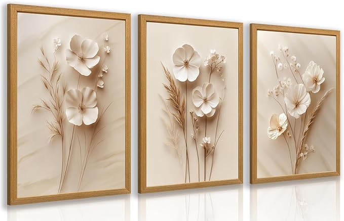 HLXRAE Minimalist Beige Floral Canvas Wall Art, Neutral Farmhouse Wall Decor, Wood Framed Vintage Botanical Poster Prints, Modern Flower Aesthetic Pictures for Bathroom Living Room Bedroom 12"x16"x3