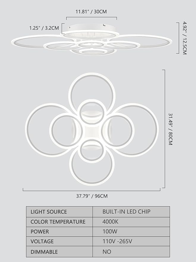 Modern LED Flush Mount Ceiling Light, 8 Rings White Close to Ceiling Light Fixtures, Living Room Lighting Ceiling Lamp for Dining Room, Bedroom, Kitchen, 4000K Not Dimmable