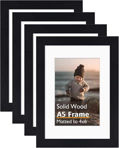 KINLINK A5 Picture Frame, Black Solid Wood Frames with Acrylic Plexiglass for Pictures 4x6 with Mat or A5 without Mat, Tabletop and Wall Mounting Display 4 Pack