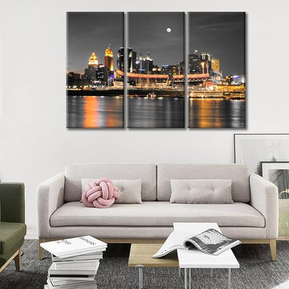 TUMOVO American Cityscape Pictures Wall Decor Posters and Prints 3 Panels Cincinnati Ohio Nighttime Lightscape Pictures Wall Decor for Bedroom Stretched and Framed Ready to Hang (42" Wx28 H)