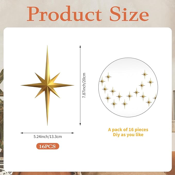 MidModArt 16PCS Mid Century Modern 3D Star Wall Art Gold Retro Starburst Sculptures Vintage Celestial Home Decor, Gold Starburst-Combo