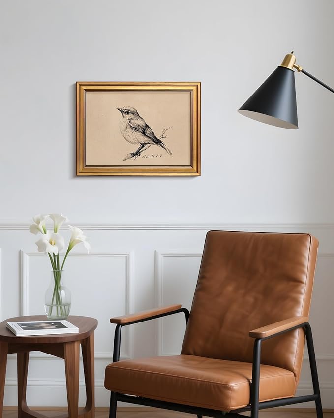 Bzstyleart Vintage Wall Art Decor for Living Room, Framed Vintage Bird Wall Art Canvas Prints Home Decor Aesthetic, Sketch Painting Picture for Bedroom Kitchen, New York State, 12L x 16W