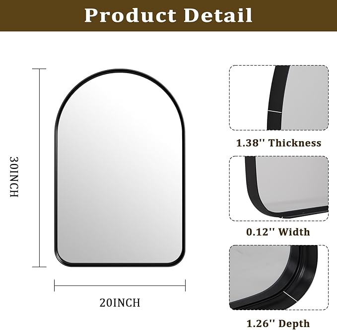 Easly 30"x20" Arched Bathroom Mirror - Modern Black Mirror for Wall with Rounded Corners, Bathroom Mirror for Vanity, Aluminum Alloy Framed Mirror - for Living Room, Bedroom, Cloakroom