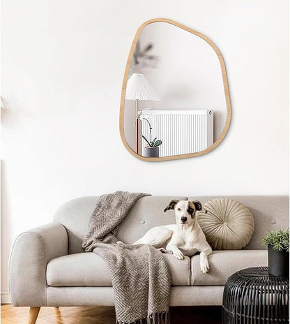 Irregular Bathroom Mirror Modern Wall Mirror Asymmetrical Wooden Framed Wall Mirror Unique Shape Wall Mounted Vanity Artistic Mirror Decor for Living Room Bedroom Entryway Large 26"x18"