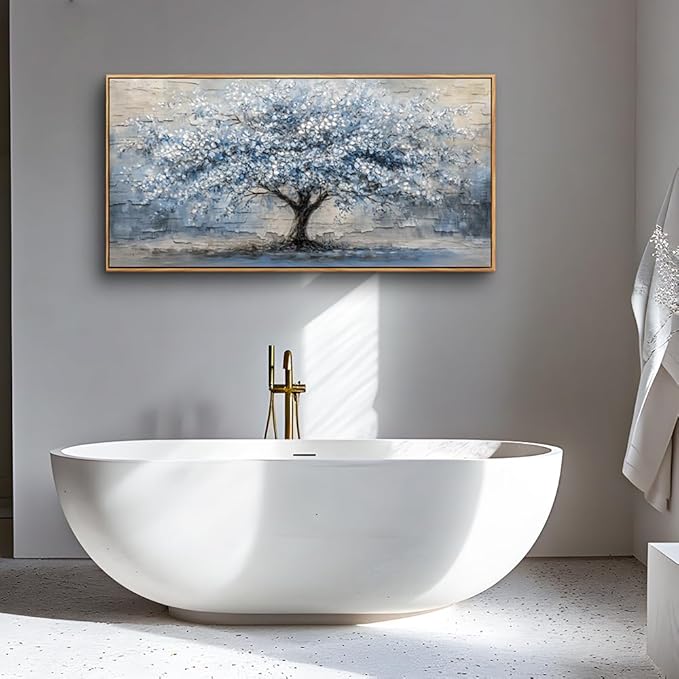 ZUITINGHUA Large Canvas Wall Art For Living Room Wood Framed Wall Decor For Office Modern Bedroom Decorations Grayish Blue Painting Tree Abstract Pictures Home Decor Posters Ready To Hang 24x48 In