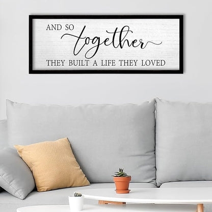 TQianJiang And So Together They Built A Life They Loved Above Bed Wall Decor 24"X10" for Master Bedroom Over Bed Sign Large Wood Framed Wall Hanging Art (Black)