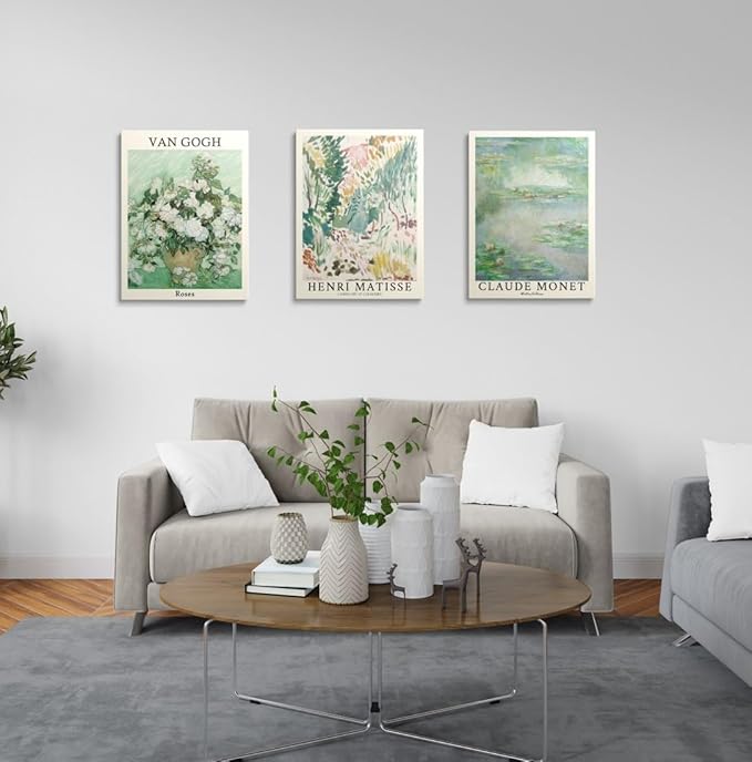MINI ZOZI Sage Green Canvas Wall Art 16X24 Set Of 3 Matisse Van Gogh Monet Flower Prints Wall Decor Large Mid Century Modern Aesthetic Over Bed Poster Painting Master Bedroom Living Room…