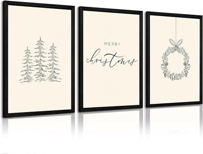 Christmas Wall Art Winter Xmas Canvas Decor Christmas Tree Picture Merry Christmas Wall Art Minimalist Vintage Painting Beige Farmhouse Prints Holiday Poster for Bathroom 12x16x3 Inch Framed