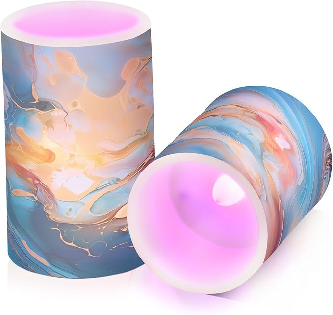 ALAZA Orange Teal Blue Marble Flickering Flameless Candles Battery Operated with Remote Timer,Tea Light Candles LED Pillar Votive Candles Set of 2 for Outdoor Indoor Decorations