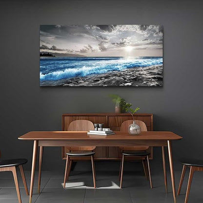 Hyidecorart Framed Canvas Wall Art - Large Size Decor for Office, Living Room, Bedroom - Blue Ocean, Black & White Modern Pictures