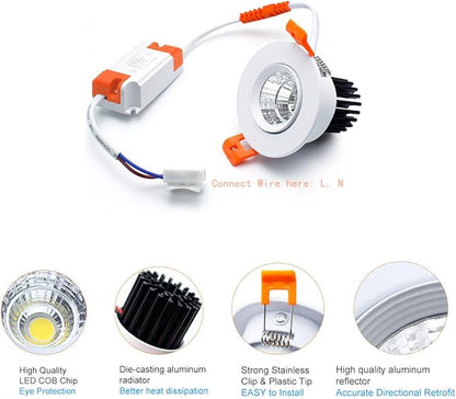 inShareplus 2 Inch LED Downlight, 3W Recessed Lighting COB Dimmable, 5000K Daylight White, CRI80, Ceiling Lights with LED Driver, 1 Pack