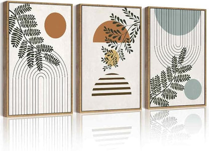 PHOPAGO Summer Boho Wall Art Large 16x24in Botanical Modern Framed Wall Prints Abstract Neutral Geometric Prints Bohemain Plants Decor for Farmhouse Home Office - Natural Framed