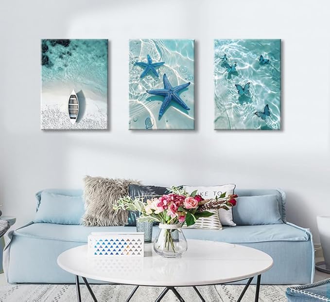 Ocean Wall Art Beach Canvas Print Starfish Shell on Teal Board Paintings Coastal Seascape Picture Blue Butterfly Artwork for Home Kitchen Bathroom Living Room Wall Decor Ready to Hang 16"x24"x3pcs