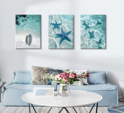 weiyiart Blue Ocean Canvas Wall Art Coastal Starfish Painting Prints Beach Nature Picture Butterfly Artwork for Home Kitchen Bathroom Living Room Wall Decor Ready to Hang 12"x16"x3pcs