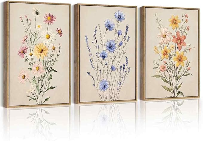 PHOPAGO Vintage Wildflower Bouquet Framed Wall Art Botanical Flower Wall Decor Modern Colorful Floral Living Room Bedroom Hanging Decor - 11x14in Natural Framed
