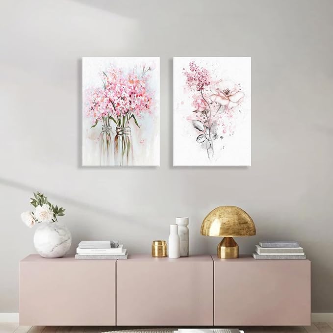 Pink Floral Canvas Wall Art, Pink Framed Wall Art, Butterfly Grey Leaf Canvas Prints, Floral Art Paintings for Bedroom, Bathroom, Office Art Prints Ready to Hang12x16 Inches.