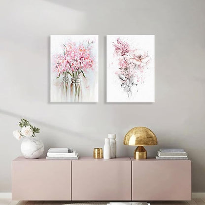 Pink Floral Canvas Wall Art, Pink Framed Wall Art, Butterfly Grey Leaf Canvas Prints, Floral Art Paintings for Bedroom, Bathroom, Office Art Prints Ready to Hang12x16 Inches.