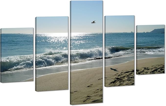 Yatsen Bridge Beach Wave Ocean Painting on Canvas 5 Piece Beach Wall Art Modern Landscape Scenery Posters and Prints Pictures for Living Room Bedroom Canvas Art Set Framed Ready to Hang (60x40 Inch)