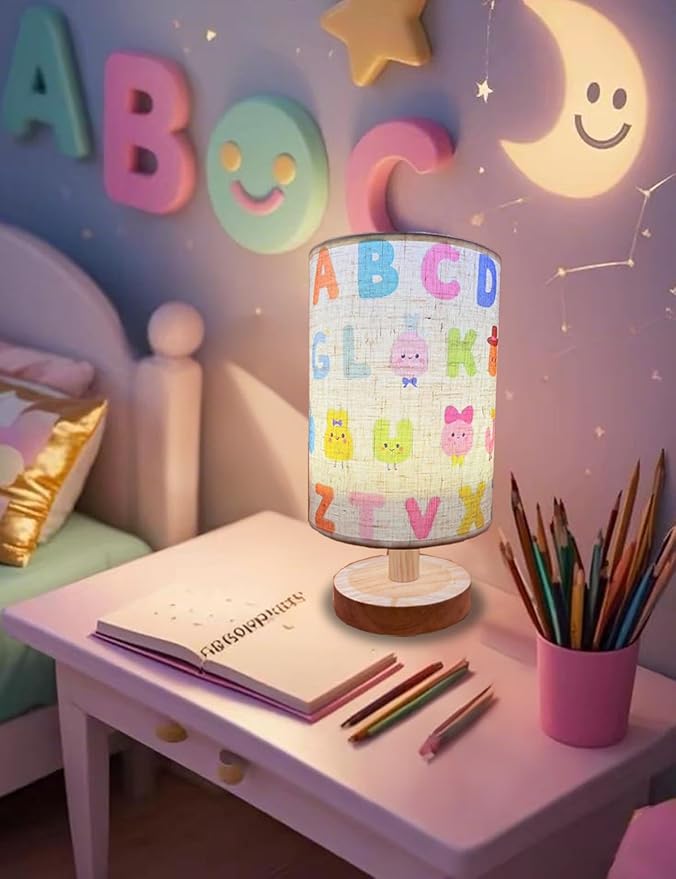 Kids Lamps for Bedrooms Girls, Cartoon Alphabet Table Lamp 3 Color Changing LED Night Light with 9 Brightness Levels Wood Nightstand Desk Base Flaxen Fabric Shade for Bedroom Living Room
