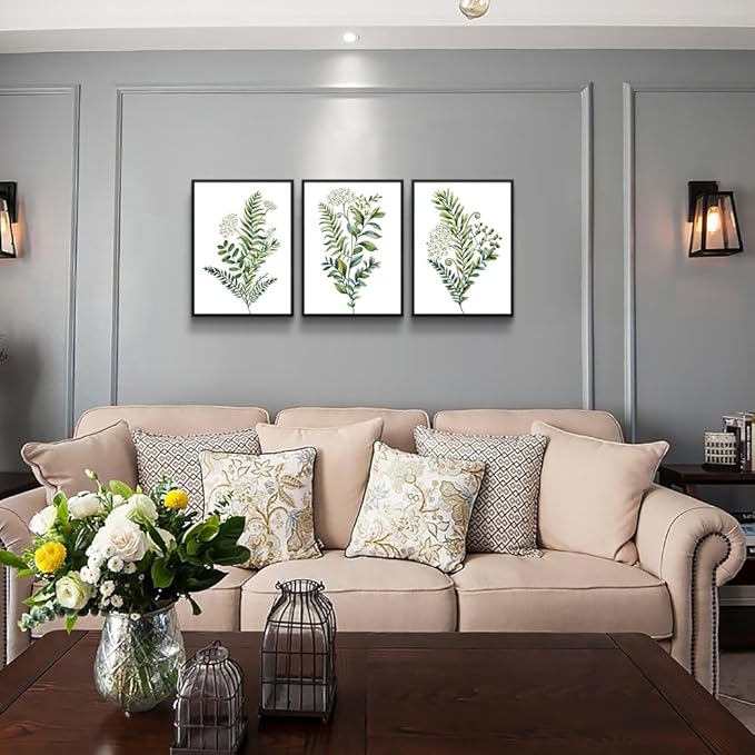 Black Framed 3 Pieces Framed Wall Art For Living Room Bathroom Wall Decorations Kitchen Wall Decor Canvas Print Decor Modern Simple Bedroom Home Decoration Green Leaves Poster Wall Paintings
