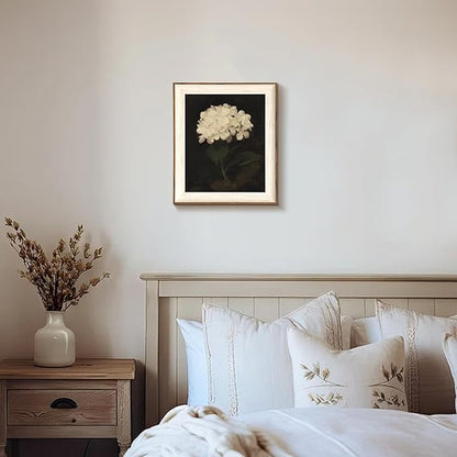 Framed Flower Wall Art, Vintage White Hydrangea Still Life Floral Art Prints, Moody Vintage Canvas Oil Painting, Antique Botanical Floral Wall Decor Pictures for Bedroom, Kitchen, Shelf, Bathroom Wall Decor - 10x12Inch
