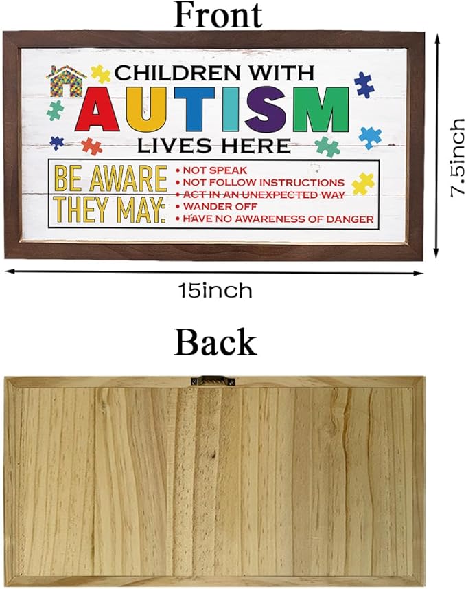 Children with Autism Lives Here Sign, Autistic Support Decorative Plaque, Rustic Hanging Wood Sign, Farmhouse Decor for Home Classroom Indoor, Wooden Framed Wall Decor, 15×7.5×0.3 inches