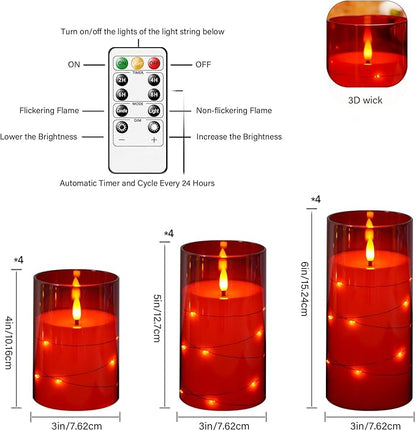 kakoya Flameless LED Candles with Timer 12 Pc Flickering Flameless Candles for Romantic Ambiance and Home Decoration Stable Acrylic Shell,with Embedded Star String，Battery Operated Candles(Red)