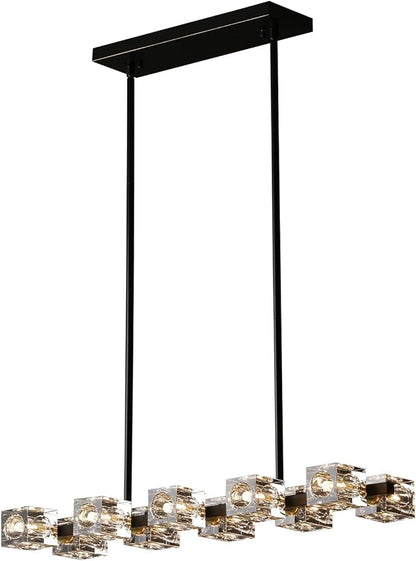 Modern Crystal Chandeliers for Dining Room,Black and Gold Pendant Lights Fixture with 10-Lights,Adjustable Height Hanging Ceiling Light for Kitchen Island,Bedroom,Over Table,Living Room