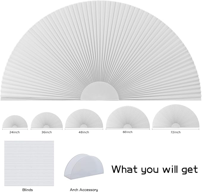 Small Arch Window Shade Blackout Cellular Shades 12 inch Half Circle Moon Window Covering No Drill Honeycomb Blinds for Windows Room Darkening Easy Install Light Blocking Blinds (1, White, 24x12inch)