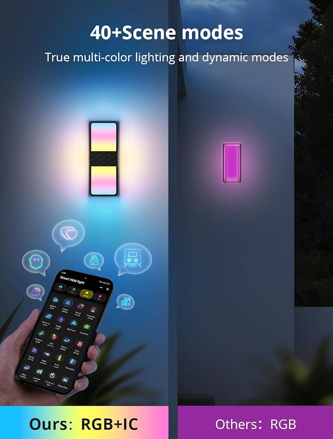 Smart Outdoor Wall Lights, 1500LM RGB+IC+Warm/Cool White Porch Light, 44 Scene Modes, IP65 Waterproof Wall Sconce for Halloween Christmas Decor, Works with Alexa, Google Assistant 2 Pack