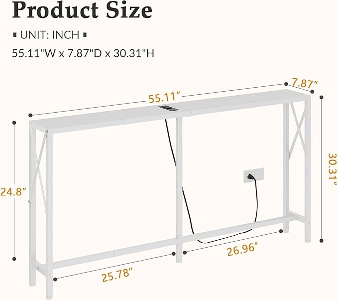 Gewudraw Console Table with Oulets and USB Ports, 55.1" Sofa Table Behind Couch, Industrial Long Skinny Stand for Hallway, Living Room, Bedroom, 6.5 Feet Power Cord, White