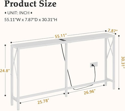 Gewudraw Console Table with Oulets and USB Ports, 55.1" Sofa Table Behind Couch, Industrial Long Skinny Stand for Hallway, Living Room, Bedroom, 6.5 Feet Power Cord, White