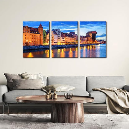 Pacimo 3 Pieces Framed Wall Art Decorations Wisla River Landscape Painting Print on Canvas Gdansk Poland Cityscape Wall Art for Home Office Decor Modern Artwork Stretch Ready to Hang - 12"x16"x3