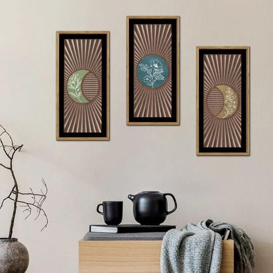 IARTTOP 3Pcs Boho Moon Phase Wall Decor Framed Celestial Wood Wall Art Set Mid Century Modern Abstract Geometric Botanical Hanging Decor for Living Room Bedroom Minimalist Home Decor 7.9x15.8 Inch