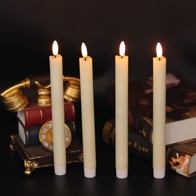 Ivory Flameless Taper Candles Battery Operated with 6H Timer, Real Wax 3D Wick Flickering LED Taper Candles Dinner Wedding Holiday Decor(6 Pack, 0.78 x 9.64 Inches)
