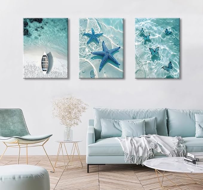 weiyiart Blue Ocean Canvas Wall Art Coastal Starfish Painting Prints Beach Nature Picture Butterfly Artwork for Home Kitchen Bathroom Living Room Wall Decor Ready to Hang 12"x16"x3pcs