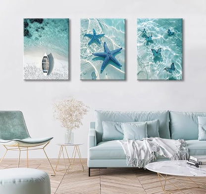 weiyiart Blue Ocean Canvas Wall Art Coastal Starfish Painting Prints Beach Nature Picture Butterfly Artwork for Home Kitchen Bathroom Living Room Wall Decor Ready to Hang 12"x16"x3pcs
