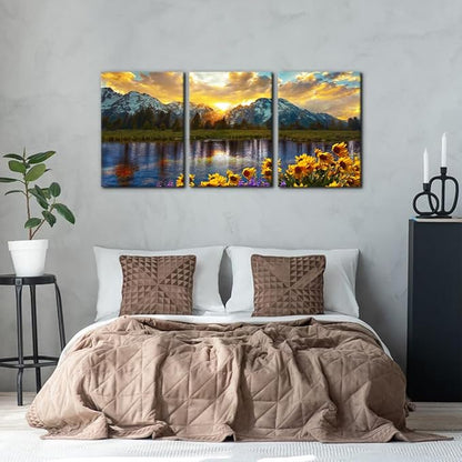 3 Pieces Mountain Canvas Wall Art for Living Room Nature Landscape Picture Sunflower Wall Decor for Bedroom Home Decoration Sunrise Grand Teton National Park Painting Framed Artwork - 20"x28"x3 Panels