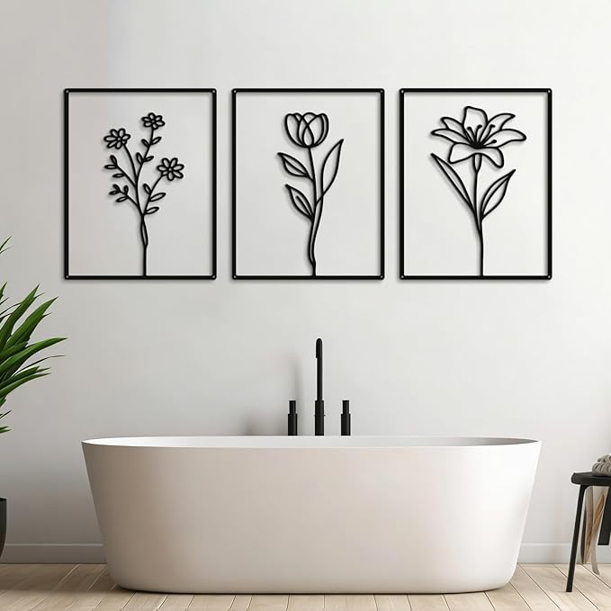 Otoolling 3 Pieces Metal Minimalist Line Kitchen Signs Wall Decor Drawing Rustic Bathroom Wall Art for Dining Living Room Bathroom Home, 14 x 11 Inches (Flower,Black)
