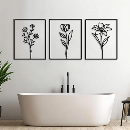 Otoolling 3 Pieces Metal Minimalist Line Kitchen Signs Wall Decor Drawing Rustic Bathroom Wall Art for Dining Living Room Bathroom Home, 14 x 11 Inches (Flower,Black)