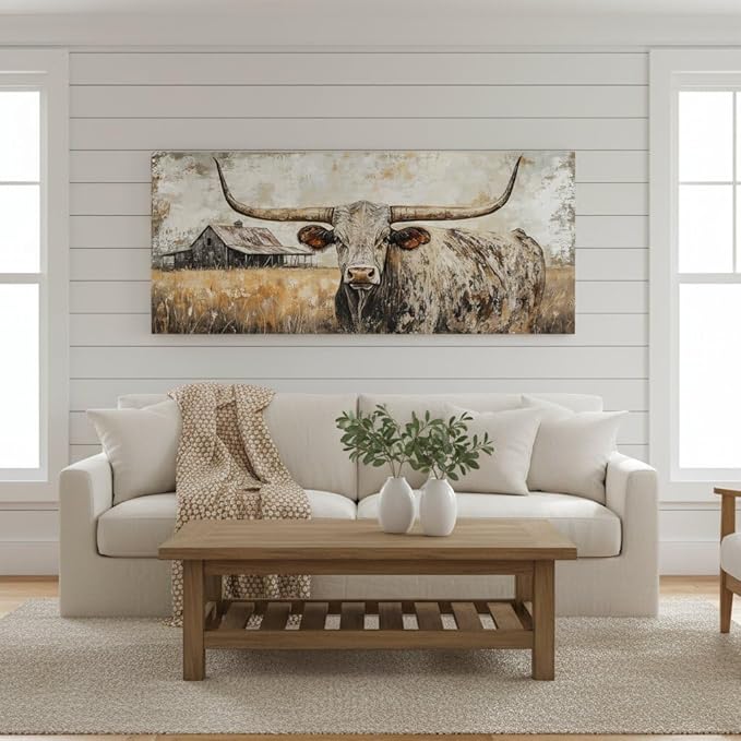 Artmyharbor Rustic Longhorn Bull Canvas Wall Art Large Western Ranch Decor Farmhouse Barn Landscape Picture 20 x 48 inches