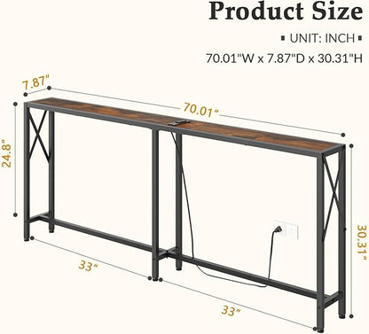 Gewudraw 70 in Skinny Sofa Table Behind Couch, Console Table with Oulets & USB Ports for Hallway, Entryway,Living Room, Bedroom, Rustic Brown