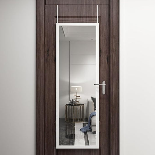 whitebeach 48" x 16" Over The Door Full Length Mirror Wall Mounted Hanging with 2 Metal Hangers for Bedroom Living Room Bathroom White