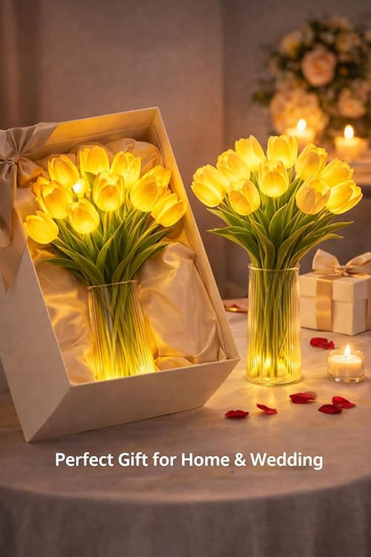 Radiant Romantic Tulip Light with a Vase, 15 PCS Twinkling Tree Tulips Led Night Light that Never Fade, Flower Shaped Ambient Night Lamp for Bedroom Bedside Decor & Gift (Mixed(with Vase))